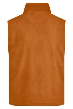 An orange fleece vest, featuring a high collar and a plain back, with a logo on the fabric.