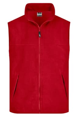 A red fleece vest with a front zip, featuring two side pockets and a collar. It has a logo on the upper back.