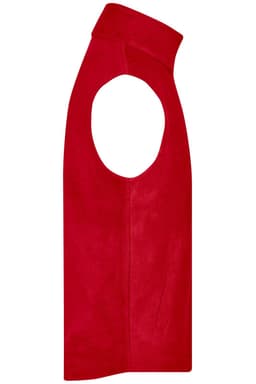 A red fleece vest with a high collar and sleeveless design, featuring an open armhole and a logo.