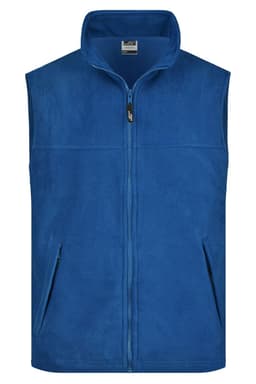 A blue fleece vest with zip closure and side pockets, featuring a logo on the chest.