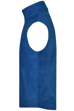 A blue fleece vest with an open arm design and a side pocket, featuring a logo.