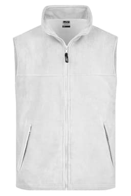 A white fleece vest with a zip front and two side pockets, featuring a logo on the upper left.