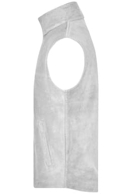 A grey fleece vest featuring a high collar and side pocket, with an unobtrusive logo.