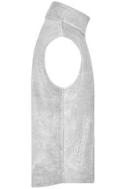 A light grey fleece vest with a high collar and armholes, featuring a side pocket.