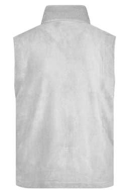 A grey fleece vest with a high collar and no sleeves, featuring a logo on the back.