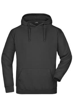 A black hooded sweatshirt featuring a front pocket and drawstrings, with a logo on the label.