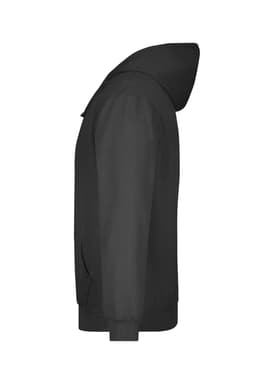 A black hooded sweatshirt displayed from the side, featuring a logo and a kangaroo pocket.