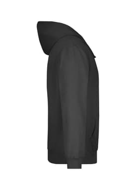 A black hooded sweatshirt featuring a side view, with a matching hood and front pockets. It has a branding logo.