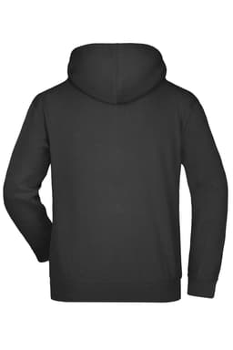 A black hooded sweatshirt featuring a hood and a relaxed fit. It includes a branded logo on the back.