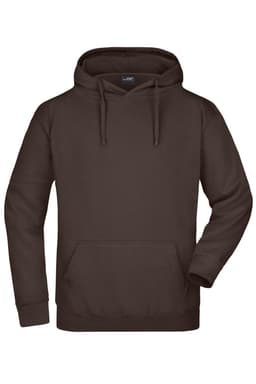 A brown hooded sweatshirt with a front pocket and drawstrings. It features a logo on the label.