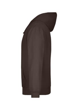 A brown hooded sweatshirt with a side view, featuring a hood and sleeves. Includes a logo on the front.