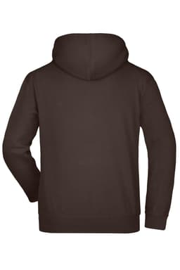 A brown hooded sweatshirt with a plain back, featuring a hood and long sleeves. It has a logo on the garment.