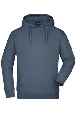A navy hooded sweatshirt featuring a front pocket and drawstrings, with a logo on the label.