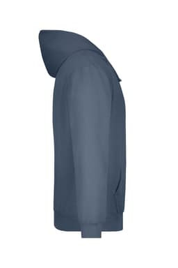 A navy blue hooded sweatshirt featuring a side view, with a hood and front pockets. It has a logo.