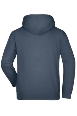 A navy hooded sweatshirt with a back view, featuring a large hood and simple design. Includes a brand logo.