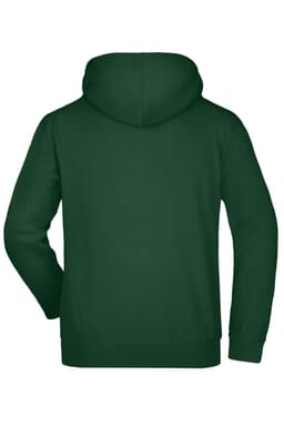 A green hooded sweatshirt featuring a rear view design and a hood. It includes a logo on the back.
