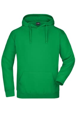 A green hooded sweatshirt featuring a front pocket and a drawstring hood, with a small logo.