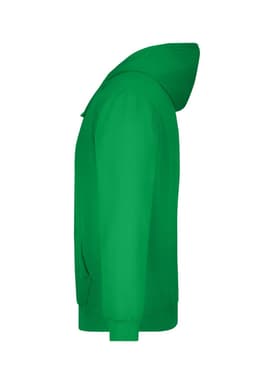 A green hooded sweatshirt featuring a side view. It has long sleeves and a hood, with a branding logo present.