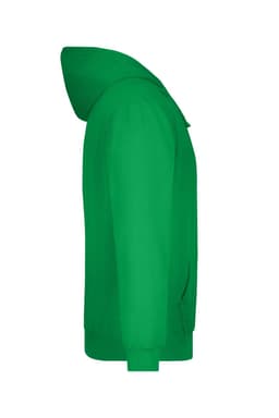 A green hooded sweatshirt with a kangaroo pocket and hood, displayed from the side. It features branding.