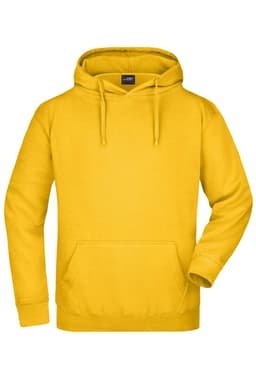 A bright yellow hooded sweatshirt with a front pocket and drawstrings at the hood, featuring a branding logo.