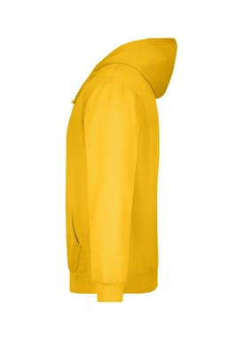 A yellow hooded sweatshirt with a side view, featuring a hood and front pockets. It has a logo on the front.