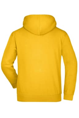 A yellow hooded sweatshirt featuring a back view and a hood, with a logo present.