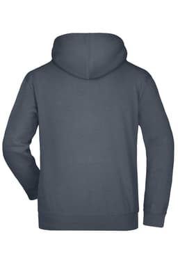 A hooded sweatshirt in a dark navy colour, featuring long sleeves and a back view. Includes a logo.