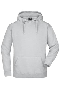 A grey hooded sweatshirt with a front pocket and drawstring hood. It features a logo on the label.