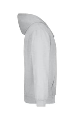 A grey hooded sweatshirt with a kangaroo pocket and a hood, featuring a logo on the front.