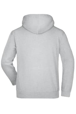 A grey hooded sweatshirt featuring a back view, with a plain design and a logo.