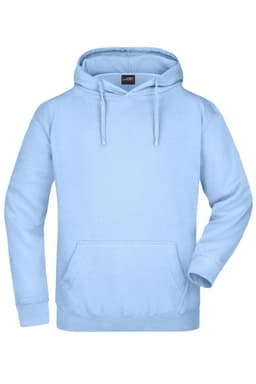 A light blue hooded sweatshirt with a front pocket and drawstring hood. It features a logo on the label.