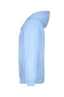 A light blue hooded sweatshirt featuring a hood and front pockets, with a logo on it.