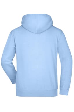 A light blue hooded sweatshirt with a back view, featuring a simple design and one branding logo.
