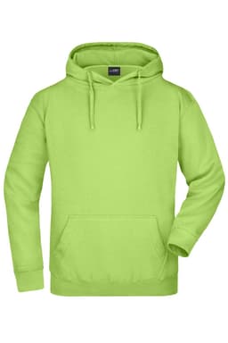 A bright lime green hooded sweatshirt with a front pocket and drawstring hood. It features a logo on the label.