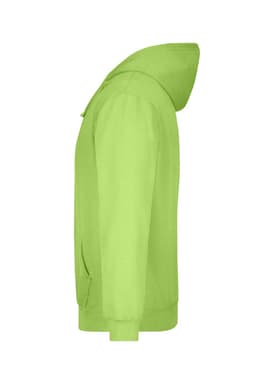 A bright green hooded sweatshirt with a side view, featuring a hood and pockets. It has a logo on it.