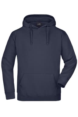 A navy hooded sweatshirt with a front pocket and drawstrings. The product has a logo on the label.