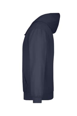 A navy hooded sweatshirt displayed from the side, featuring a hood and a logo on the chest.