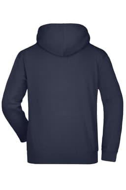A hooded sweatshirt in navy blue with a simple design and a logo on the back.