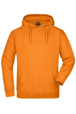 An orange hooded sweatshirt featuring a front pocket and a drawstring hood. It has a logo on the label.