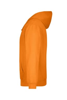 An orange hooded sweatshirt with a kangaroo pocket and a hood, featuring a logo on the front.