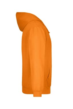 An orange hooded sweatshirt with a front pocket and a fitted hood, featuring a logo on the front.
