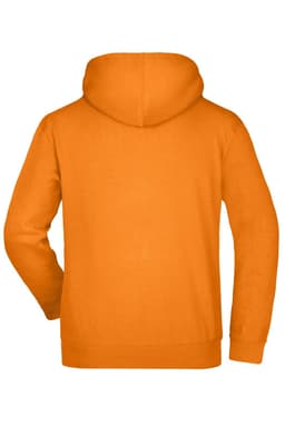 An orange hooded sweatshirt with a simple design, featuring a logo on the back.
