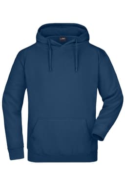 A navy hooded sweatshirt featuring a front pocket and a drawstring hood, with a brand logo on the label.