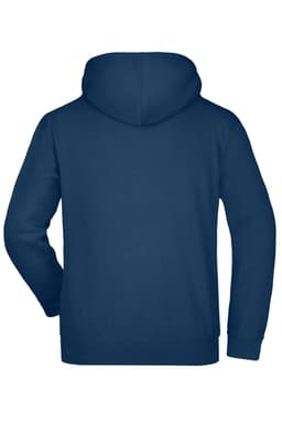 A hooded sweatshirt in navy blue, featuring a plain back and long sleeves. Includes a branding logo.