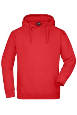 A red hooded sweatshirt with a front pocket and a drawstring hood. It features a logo on the label.