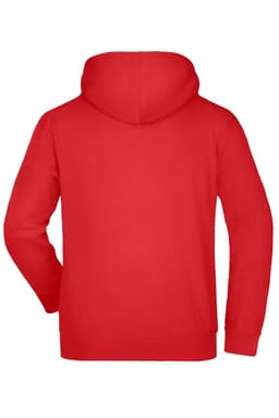A red hooded sweatshirt with a large hood and a plain back, featuring a logo.
