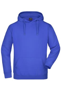 A blue hoodie with a kangaroo pocket and drawstring hood, featuring a logo on the chest.