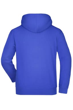 A blue hooded sweatshirt featuring a simple design and a logo on the back.