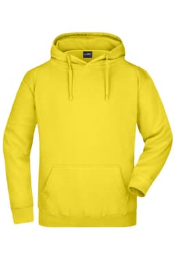 A bright yellow hoodie with a front pocket and adjustable drawstring hood. It has a logo on the chest area.