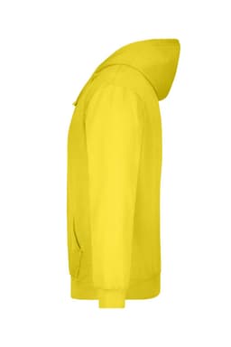 A yellow hooded sweatshirt displayed from the side, featuring a logo on the front pocket area.